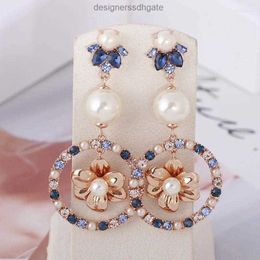 Stud Earrings European And American Jewellery Wholesale Luxury Temperament Colour Zircon Sweet Flower Pearl Ring Thin Face