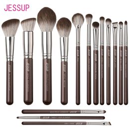 Jessup Makeup Brushes set 15pcs Brown Make up Vegan Foundation Blender Concealer Powder Eyeshadow Highlighter BrushT498 240403