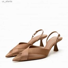 Dress Shoes TRAF Pointed Head Slingbacks High Heels Elegant Brown Cross Satin Womans Pumps Summer Office Ladies Stiletto Shoe For Women H2404035WQ2