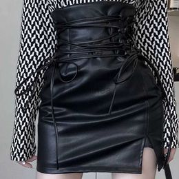 Urban Sexy Dresses Black Leather Mini Skirts Women Gothic High Waist Slim Fit Lace-Up Pencil Skirt Female Sexy Club Back Zipper Split Bag Hip Skirt 2443