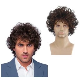 Wigs WHIMSICAL W Men Short Curly Wave Synthetic Wigs for White Daily Party Brown Wig Men's Hair Realistic Natural Wigs