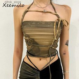 Women's Tanks Camis WhereMery Green Lace Up Off Shoulder Tank Top Summer 2022 Aesthetic Sexy Print Sleeveless Crop Top Y2k Streetwear Tanks Y240403