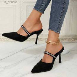 Dress Shoes Black High-heeled Womens 2024 Spring New Stiletto Pointed Toe Pumps Satin Rhinestone Glitter Mules H240403JO8J