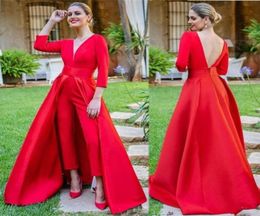 Elegant Red Satin Jumpsuits Evening Dresses Floor Length Prom Dress Long Sleeves Party Formal Gown robe de soiree1447106