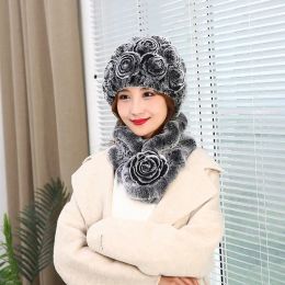 2024 New Women Winter Fur Hat Scarf Sets Natural Warm Real Rex Rabbit Fur Cap Scarves Lady Knitted 100% Genuine Fur Hats Muffler