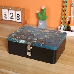 Vintage Large Capacity Tinplate Box with Lock Key Desktop Storage Case Metal Box Jewelry Storage Empty Box