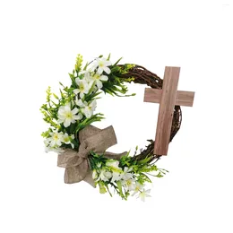 Decorative Flowers Wreath With Cross -Rustic Grapevine Bow Decorations Easter Decor