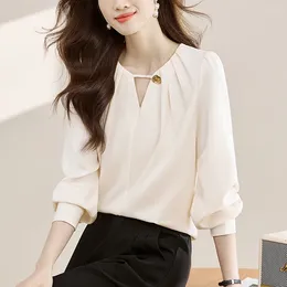 Women's Blouses Elegant Long Sleeve Chiffon Shirt Women Korean Style Chic V Neck Satin Blouse Female Clothes 2024 Spring Loose Blusas Top