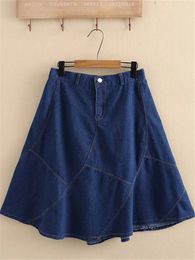 Plus Size Womens Denim Skirt Elastic Belt Button Loose Big Hem KneeLength Thin Fabric Splice Umbrella 240328