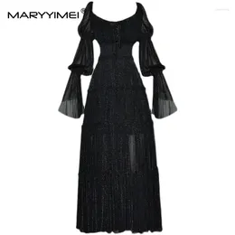 Casual Dresses MARYYIME Fashion Dress Women's Summer Long Gorgeous Party Square Collar Black Sparkling Flare Sleeve Elastic Waist