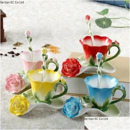 Mugs European Creative Pastoral Style Ceramic Coffee Cups Enamel Rose Cup And Saucer Set Elegant Birthday Gift Drop Delivery Home Gard Otwrk