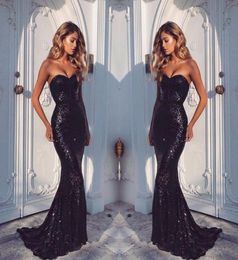 2017 Sexy Sweetheart Sleeveless Black Sequined Mermaid Prom Dresses New Cheap Zipper Back Floor Length Dresses Evening Wear Women 9061092