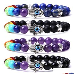 Beaded Natural Chakra Stones Strands Fatima Evil Charm Bracelets Fashion Black Lava Tiger Eye Turquoise Amethyst Agate Quartz Bangle Dhmmw