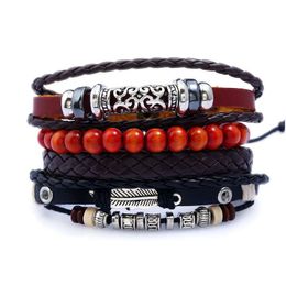 Charm Bracelets Vintage Punk Fashion Alloy Genuine Leather Bangles Men Leaf Beads Strands For Jewelry Mtilayer Braided Wrap Bracelet Dhabn