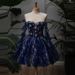 Party Dresses Sevintage Glitter Navy Blue Starry Tulle Prom Long Sleeves Sweetheart Pleat Ruched Mini Evening Gowns Formal Dress