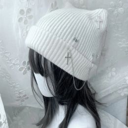 Gothic Knitted Beanie Hat for Women Y2K Cat Ear Hat Handmade Crochet Skull Hat Female Teens Subculture Headwear