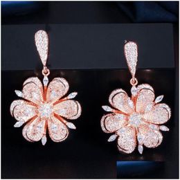 Charm Luxury Flower Earring Designer For Woman Gfit Party White Aaa Cubic Zirconia South American Copper Bride Wedding Engagement Wo Dhs4S