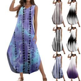 Casual Dresses Women's 2024 Summer Dress Loose Sundress Long Simple Printed Sleeveless V Neck Split Shirt Maxi Vestidos Largos