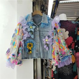 Fashion Hem Burrs Denim Jacket Women Sequins Mesh Lantern Sleeve Big Pocket Cowboy Outerwear Loose Short Jeans Jackets Female 240318