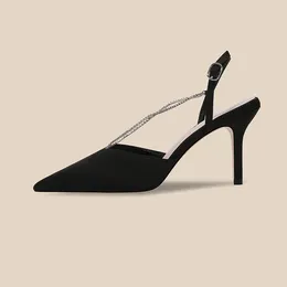 Dress Shoes Ladies Chain Pointy High-heeled Sandals Satin Black Stiletto Work Leather Straps