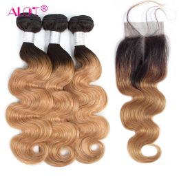 Closure Body Wave Ombre Human Hair 3 Bundles With Closure 1b/27 Brazilian Hair Weave With Lace Closure 2 Tone Pre Coloured Non Remy