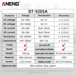 ANENG DT9205A Digital Profesional Multimeter AC/DC Transistor Voltage Tester Electric NCV True RMS Analog Auto Range Multimetro