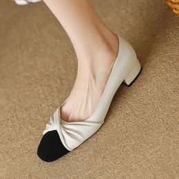 Plus Size Womens Boat Shoes Black Toe Pumps Mid Heels Elegant Ladies Vintage Slip on Leather Pleated Zapatos Mujer 1556N 240329