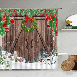 Shower Curtains Christmas Creative Vintage Farm Barn Wooden Door Xmas Wreath Winter Year Bathroom Decor Bath Curtain Sets