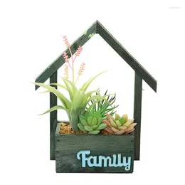 Decorative Flowers Artificial Succulent Plants Bonsai Family House Shaped Wooden Pot Simulated Green Plant Home Wall Decor