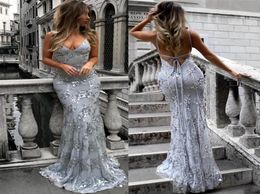 Silver Sequined Prom Dresses 2019 Sexy Mermaid Deep V Neck Backless Formal Evening Gown Celebrity Party Red Carpet Dress 4908234