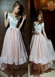 High Low Prom Dresses 2019 A Line OfftheShoulder Short Sleeve Beaded Pearle Sparkle Pink And White Formal Evening Party Gowns7913404