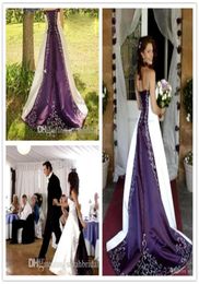 2019 White and purple Embroidery cathedral train Country Wedding Dresses Rustic Bridal Fancy Gowns Gothic Unique Strapless Plus Si2503670