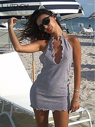 Casual Dresses Cute Shiny Halter Mini Dress Women Summer Vacation Style Bandage Sleeveless Ruch Slim Fit Vestidos Female Stunning Trend Robe