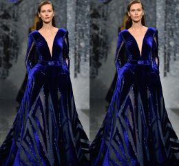 Dresses Ziad Nakad Long Sleeve Prom Dress Modest Sexy Deep V Neck Middle East Dubai Arabic Royal Blue Velvet Plus Size Evening Gowns