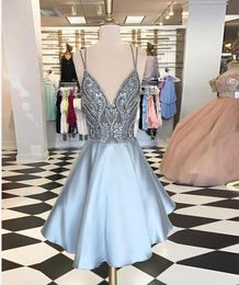 Light Blue Spaghetti VNeck Short Homecoming Dresses Beading Satin Zipper Back Prom Gown 2018 Ship Backless Cocktail Dress4872886