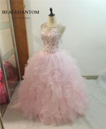 2017 Sexy Pink Backless Crystal Ball Gown Quinceanera Dresses with Sequined Beading Plus Size Sweet 16 Dresses Vestido Debutante G5464934