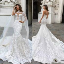 Dresses Luxury Beach Mermaid Wedding Dresses With Caped Sexy Lace Appliques Fishtail Train Country Wedding Dresses 2020 Plus Size Boho Bri