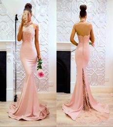 Baby Pink Mermaid Prom Dresses Long Halter Neck Lace Evening Party Gowns Sweep Train Backless Bridesmaid Dress Women Gowns7667199