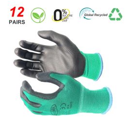 Gloves NMSafety 2023 New Gardening Protective Security Gloves Knitted Green Nylon Dipped PU Rubber Safety Work Gloves.