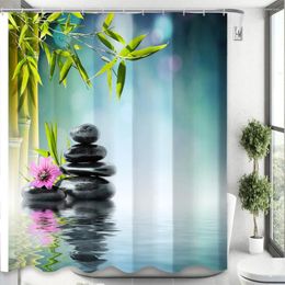 Shower Curtains Zen Green Bamboo Water Grey Stone Purple Orchid Spa Nature Flowers Scenery Waterproof Fabric Bathroom Decor Set