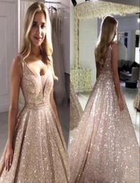 Vintage Rose Gold Sequined Prom Dresses V Neck Sparkling Aline Backless Evening Party Gowns Robe De Soiree4657901