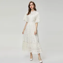 Party Dresses White Three-dimensional Lace Dress With Gold Border And Layered Large Hem 240318YP01