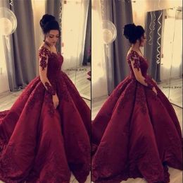 Dresses burgundy lace beaded arabic evening dresses long sleeves ball gown satin prom dresses vintage elegant formal party bridesmaid gown