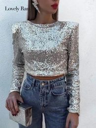Women's T Shirts Sequin Slim Party Cropped Top Women Fashion Long Sleeve Basic Solid Shiny Casual O-neck T-shirt Female Y2k Lady Club