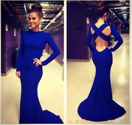 Royal Blue Evening Dresses With Long Sleeve Cross Backless Mermaid Elegant Satin Evening Gowns Sexy Formal Dresses8813704