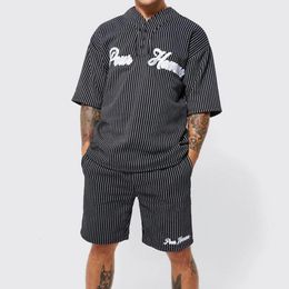 Fashion Street Hip-Hop Two-Piece Set Summer Casual Black And White Vertical Stripe Short-Sleeved Shirts Shorts Mens Suit 240321