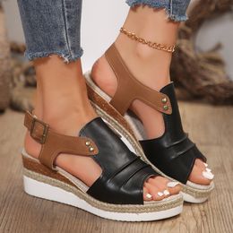 Plus Size 36-43 Plattform Sandalen Keilschuhe für Frauen Heels Sandalien Mujer Sommer Gras gewebt mit hohen Heeled Sandalen Dicke Soled Fish Fisch römische Schuhe