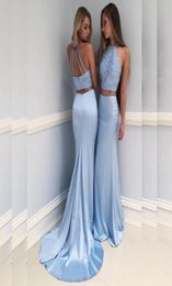 Two Piece Mermaid Light Blue Prom Dresses Sequined Chinese Halter Satin Formal Evening Party Gowns vestidos de fiesta 20188888755