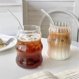 Wine Glasses 1PC 500ml Stripe Glass Cup Transparent With Lid And Straw Coffee Mug Tea Juice Milk Water For Drinkware