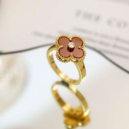 High Version Fanjia Four Leaf Clover Red Chalcedony Full Diamond Ring, Fashionable Light Luxury Black Agate